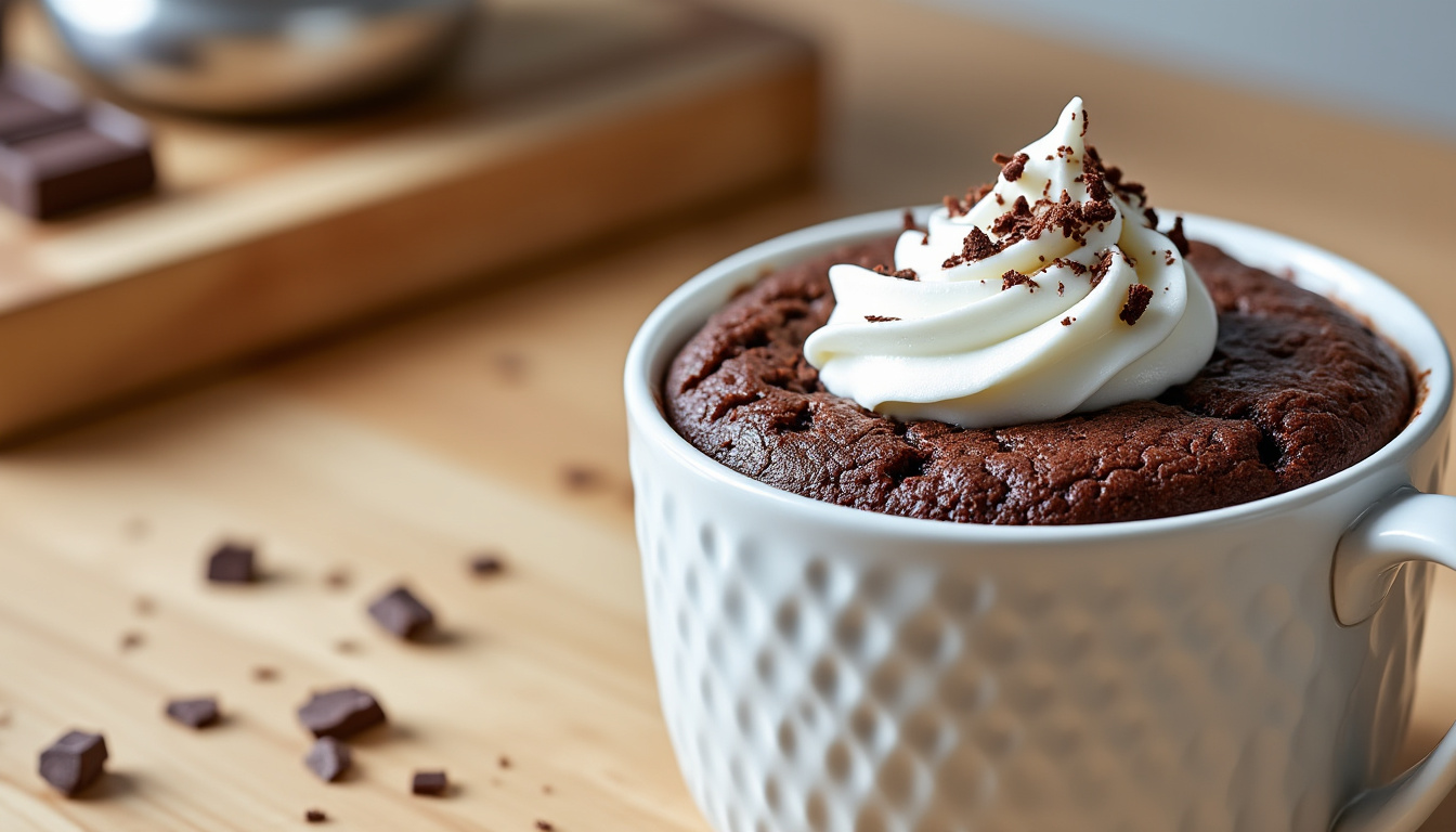 dĂ©couvrez la recette rapide et facile du mug cake au chocolat : un dessert prĂȘt en quelques minutes, moelleux et dĂ©licieux, parfait pour combler vos envies sucrĂ©es en toute simplicitĂ© !